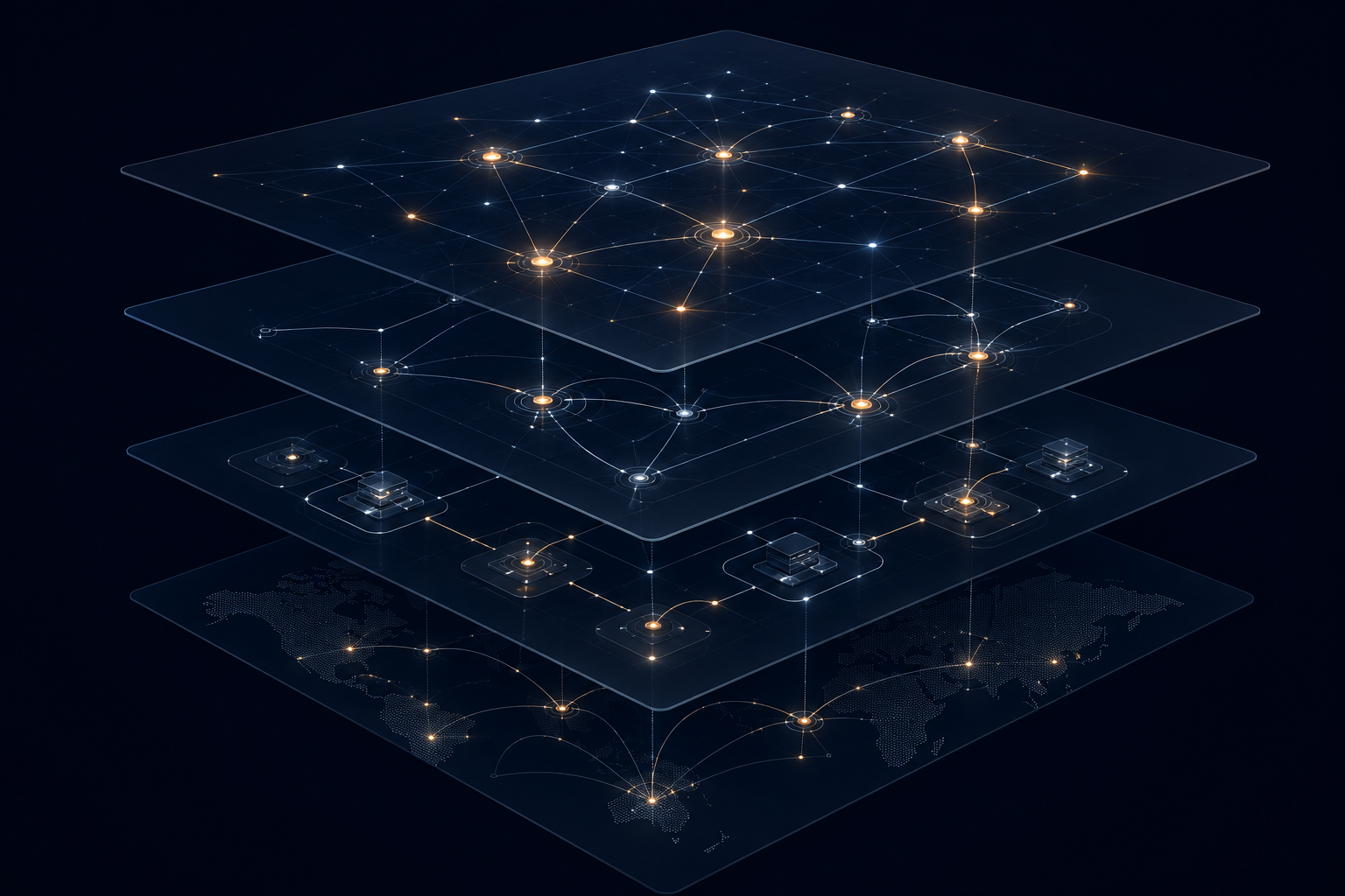 Layered network diagram connecting request identity, policy enforcement, model routing, and custody evidence