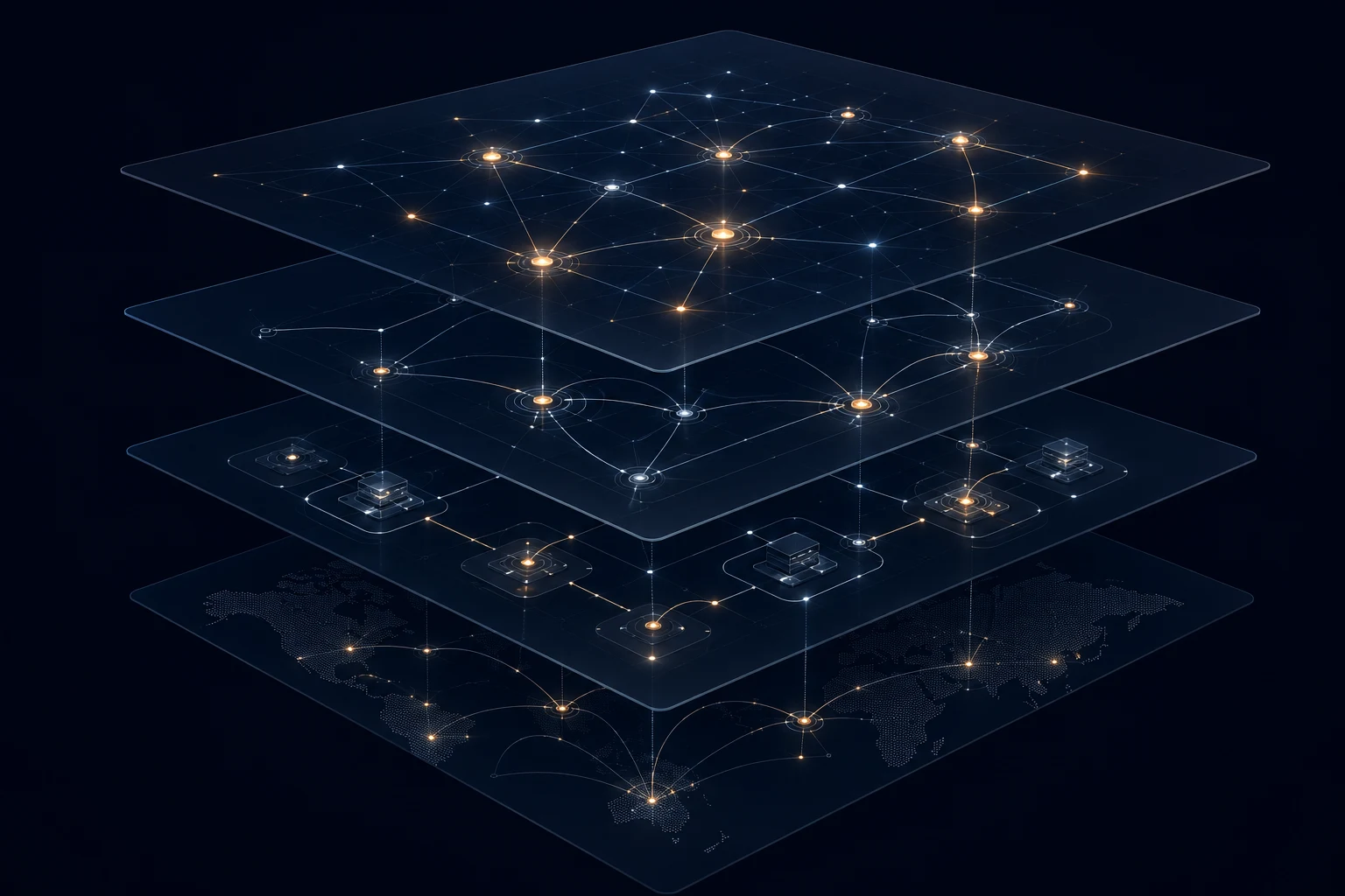 Layered network diagram connecting request identity, policy enforcement, model routing, and custody evidence
