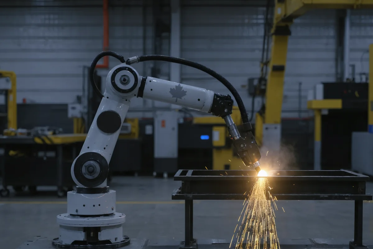 A white industrial robot arm with an etched maple leaf, welding a steel frame.