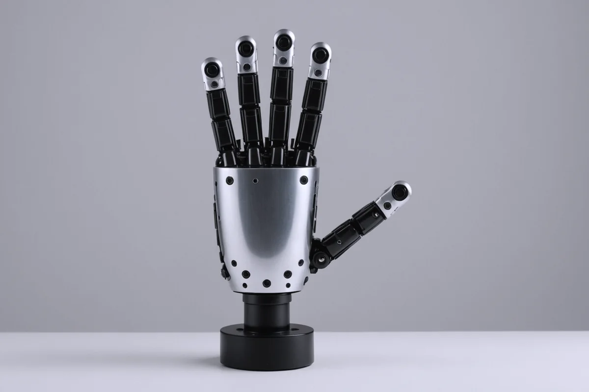 A five-finger robotic hand on a round base.